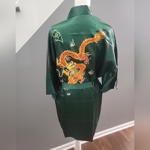 Other - Vintage Golden Bee Chinese Satin Robe Dragon Hand Embroidery Green Free Size